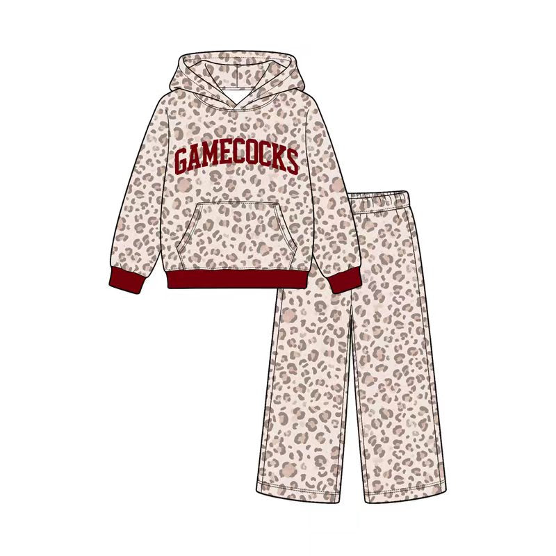 Preorder (moq 5) Baby Girl Clothes Gamecocks Letter Leopard Print Long Sleeve Hoodie Wide Leg Pant Set