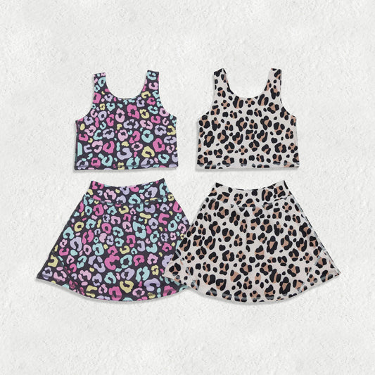 Sibling Baby Girls Sleeveless Colorful Leopard Vests Skirt Shorts Yoga Active Clothes Set