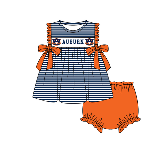 Preorder (moq 5)Baby Girls Sleeveless Auburn Stripe Tunic Bummies Team Clothes Sets