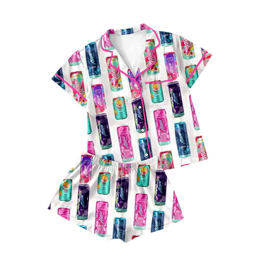 Preorder(moq 5)Adult Women Colorful Coke Buttons Tee Shirts Shorts Pajamas Sets