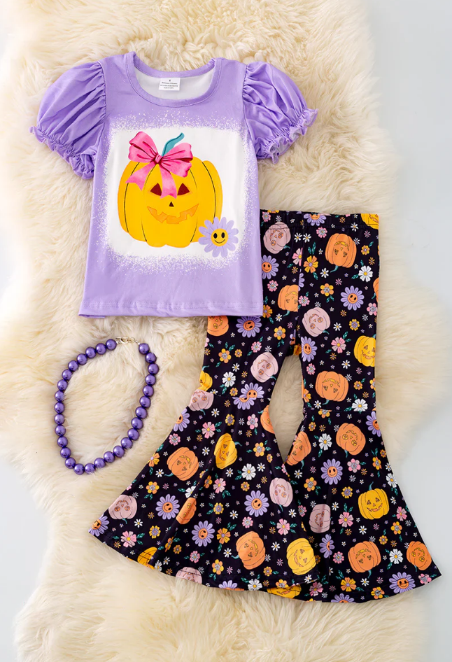 Baby Girls Halloween Pupkin Lavender Shirt Flowers Bell Pants Clothes Sets Preorder(moq 5)