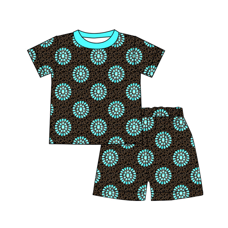 Preorder (moq 5)Baby Boys Camo Turquoises Top Shorts Western Pajamas Sets
