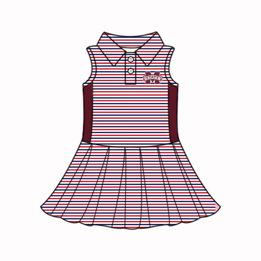 Preorder (moq 5)Baby Girls Red Stripe M State Button Team Knee Length Dress