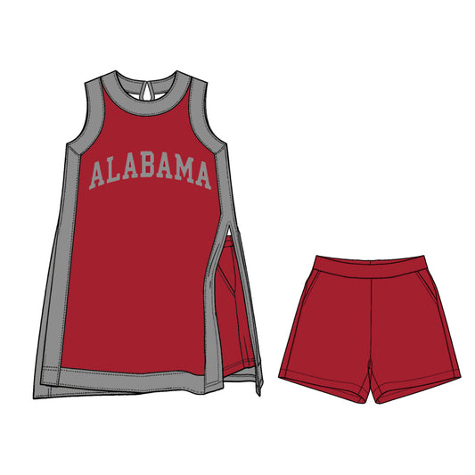 Preorder moq 5 Baby Girls Grey Red Alabama Split Tunic Pockets Short Team Clothes Sets