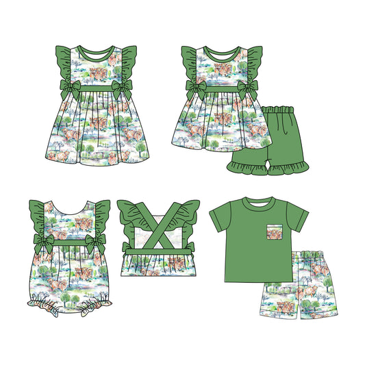 Preorder moq 5 Custom Baby Girls Highland Cows Tunic Green Ruffle Short Sets Knee Length Dress Rompers