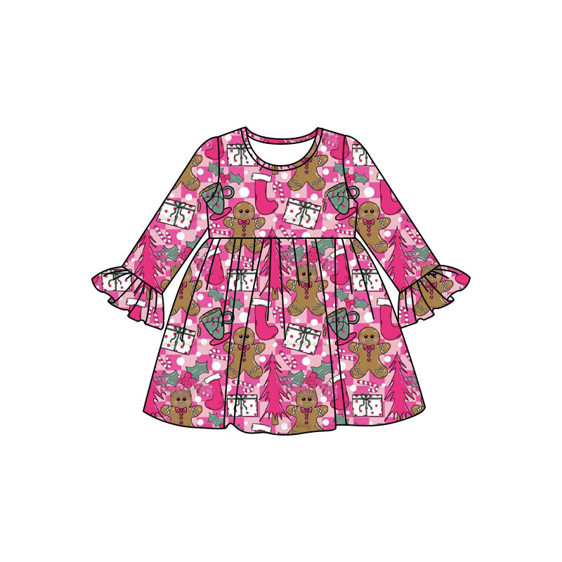 Preorder (moq 5)Baby Girls Pink Gingerbread Trees Plaid Christmas Knee Length Dresses