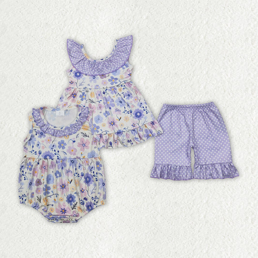 Sibling Baby Girls Lavender Flowers Bow Tunic Ruffle Shorts Clothes Sets Rompers