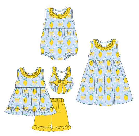 Preorder moq 5 Custom Baby Girls Sleeveless Bows Lemons Tunic Yellow Ruffle Short Set Knee Length Dress Rompers