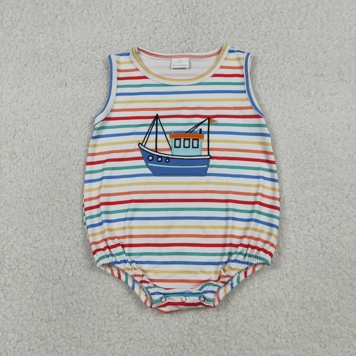 Embroidery Boats Baby Boys Sleeveless Colorful Stripe Rompers