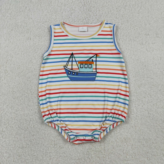 Embroidery Boats Baby Boys Sleeveless Colorful Stripe Rompers