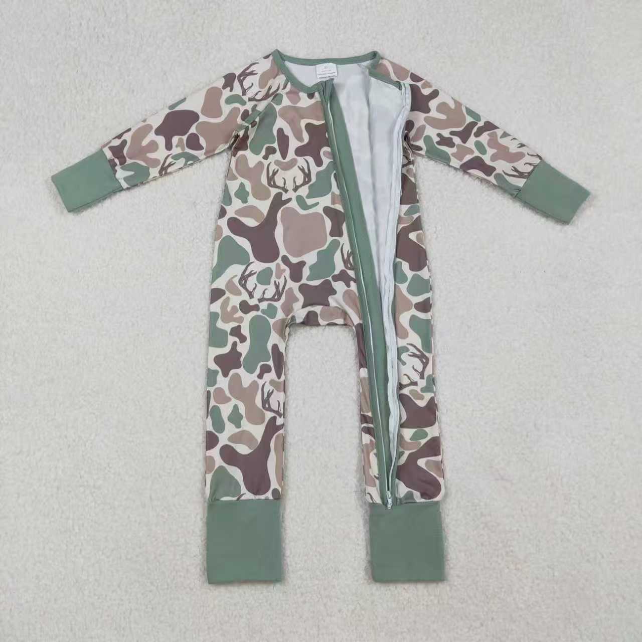 Sibling Baby Boys Green Brown Deer Camo Hunting Pajamas Sets Zipper Rompers Hoodies Top
