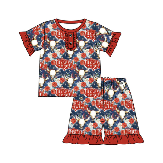 Baby Girls 4th Of July Cows Top Shorts Pajamas Clothes Sets preorder (moq 5)