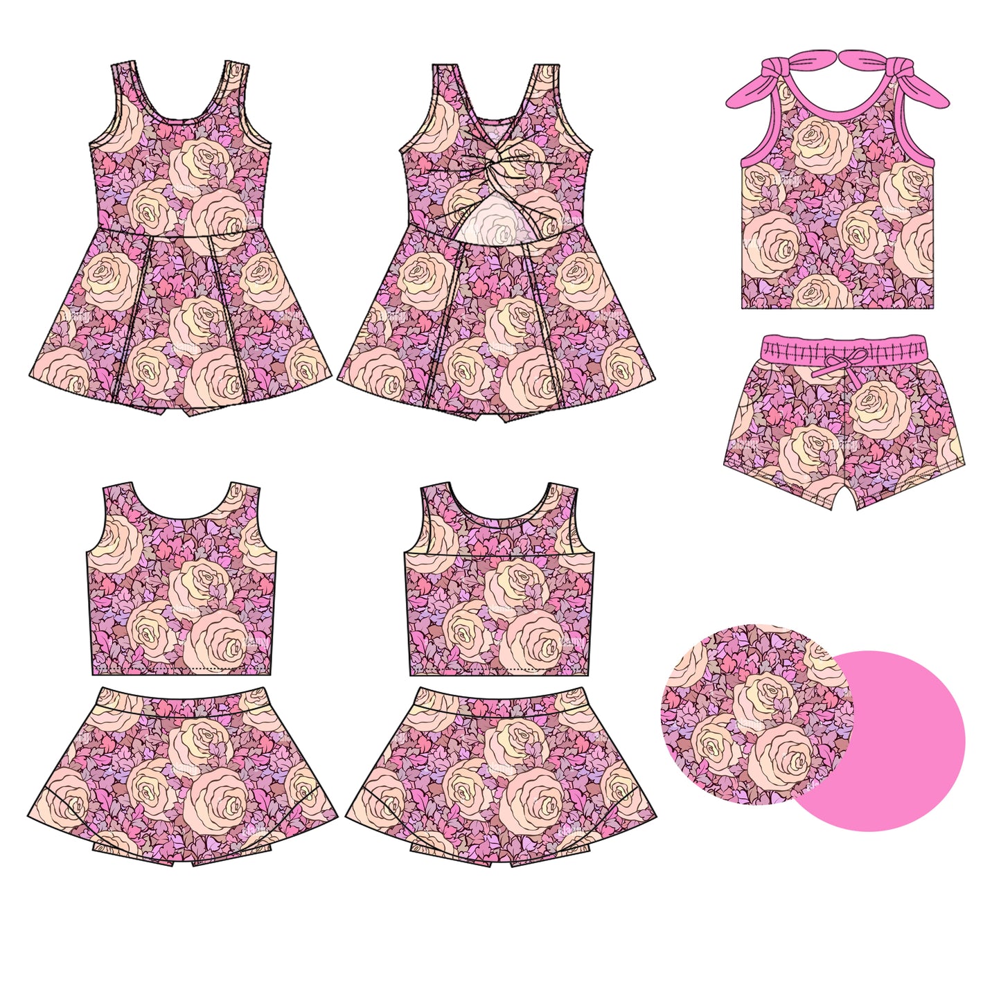 Preorder moq 5 Custom Baby Girls Pink Sleeveless Flowers Top Skort Set Knee Length Dress Pockets Short Set