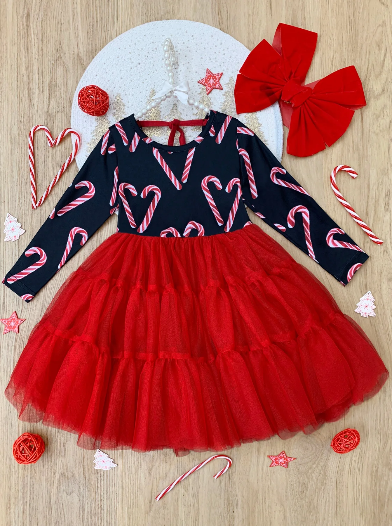 Baby Girls Christmas Candy Cane Print Long Sleeve Tutu Knee Length Dresses Preorder(moq 5)