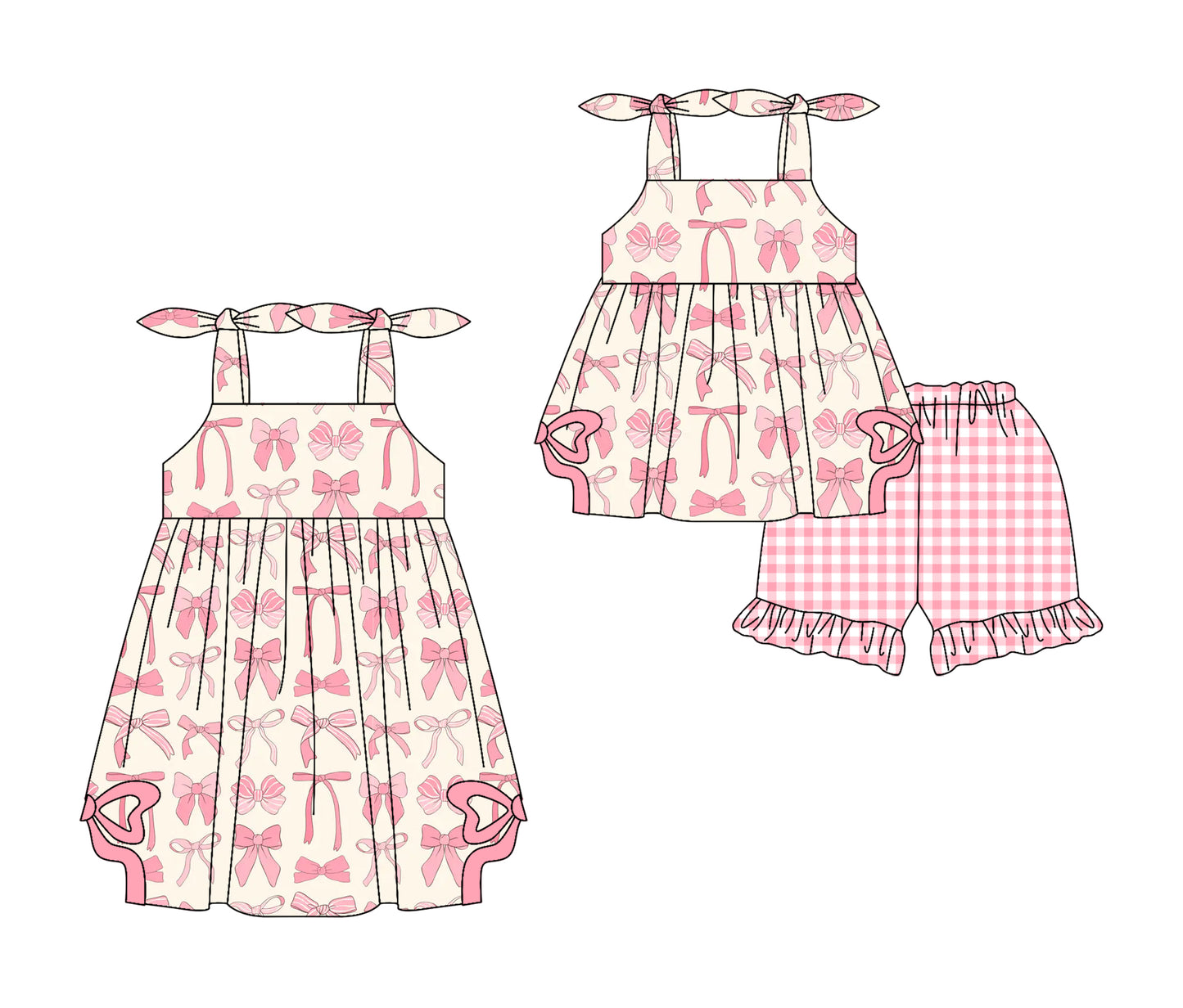 Preorder moq 5 Custom Baby Girls Strap Pink Bows Tunic Ruffle Plaid Short Set Knee Length Dress