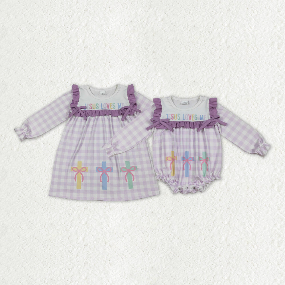 Sibling Baby Girls Lavender Checked Jesus Love Me Crosses Knee Length Dress Romper