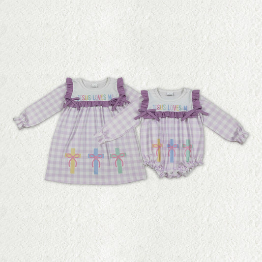 Sibling Baby Girls Lavender Checked Jesus Love Me Crosses Knee Length Dress Romper