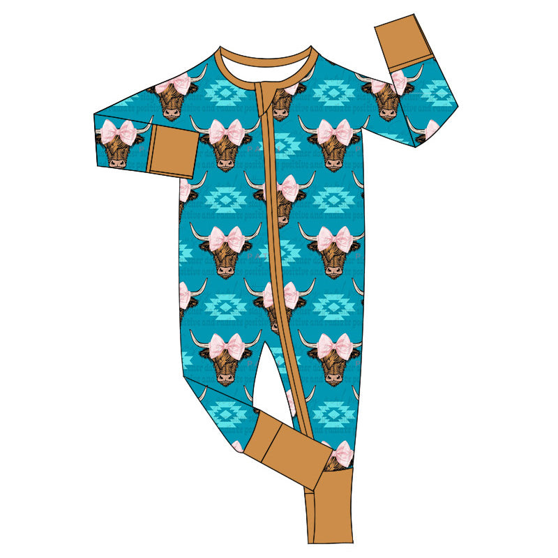 Baby Infant Girls Western Cow Bows Zip Rompers preorder(moq 5)