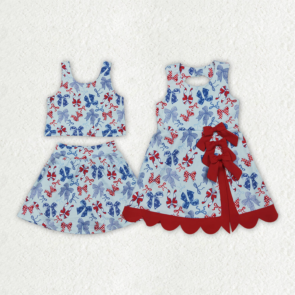 Sibling Baby Girls Red Blue Bows 4th of July Yoga Active Skirt Shorts Set Knee Length Dresses