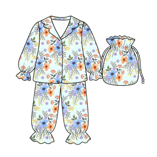 Preorder (moq 5)Baby Girls Colorful Flowers Button Top Ruffle Pants Pajamas Set