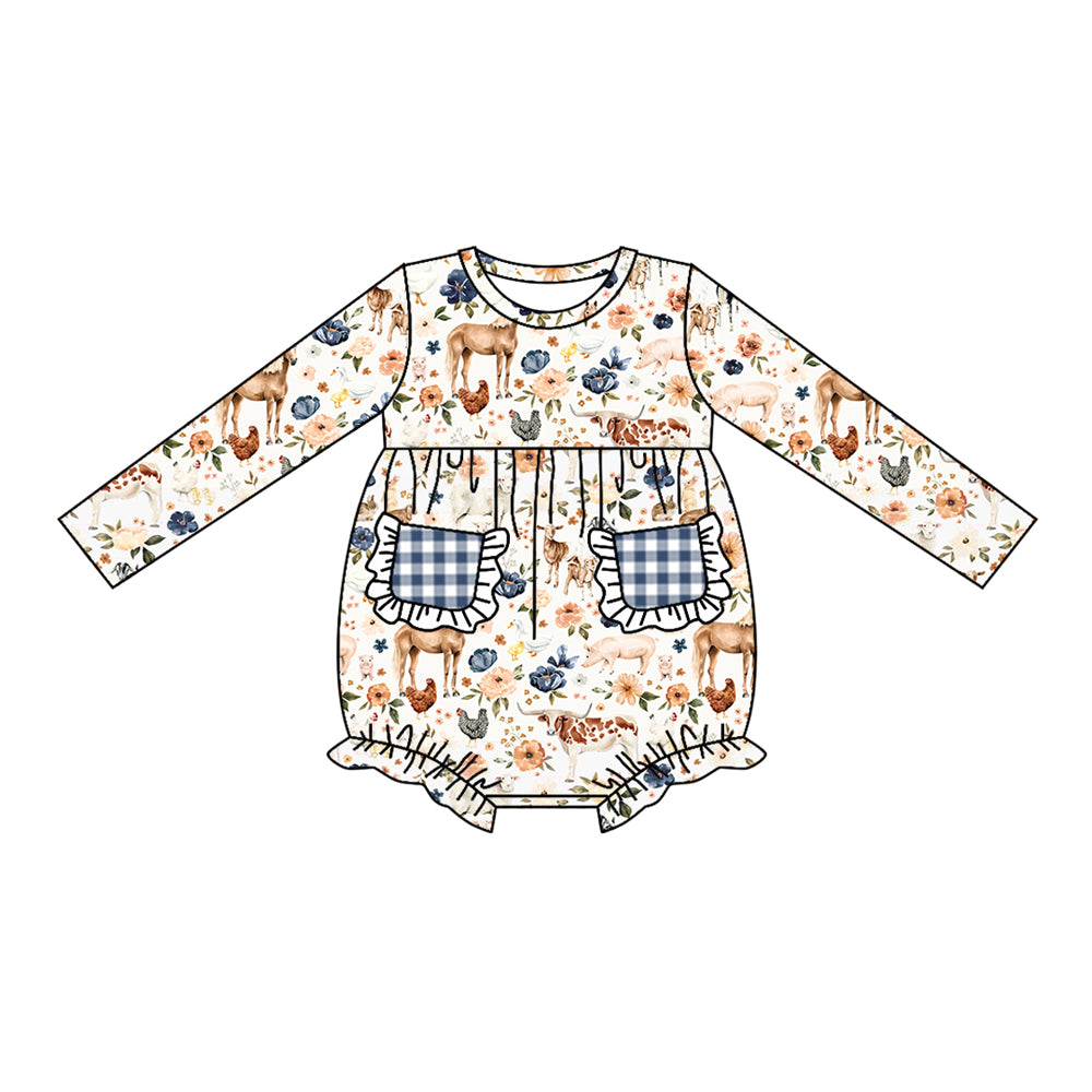 Baby Girls Western Flowers Farm Long Sleeve Pockets Rompers Preorder(moq 5)