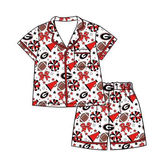 Preorder (moq 5)Baby Girls Footballs Bows Button Pocket Top Short Team Clothes Sets