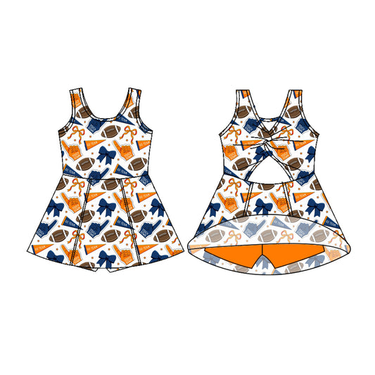 Preorder (moq 5)Baby Girls Sleeveless Orange Blue Bows Footballs Shorts Team Knee Length Dress