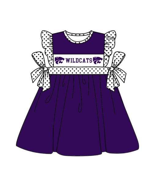 Preorder (moq 5)Baby Girls Polka Dots Flutter Sleeve Wildcats Team Knee Length Dresses