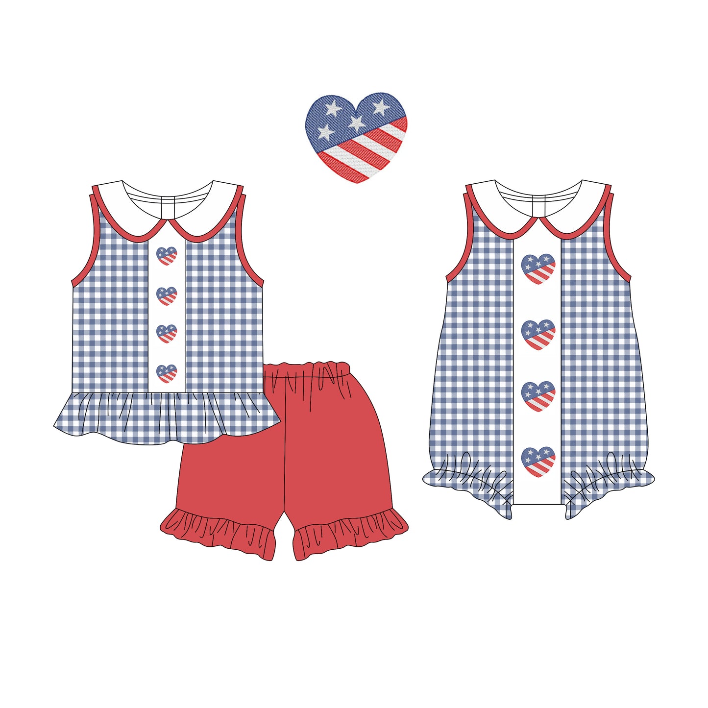 Preorder moq 5 Custom Baby Girls Blue Plaid Sleeveless Flag Hearts Tunic Ruffle Short Set Rompers