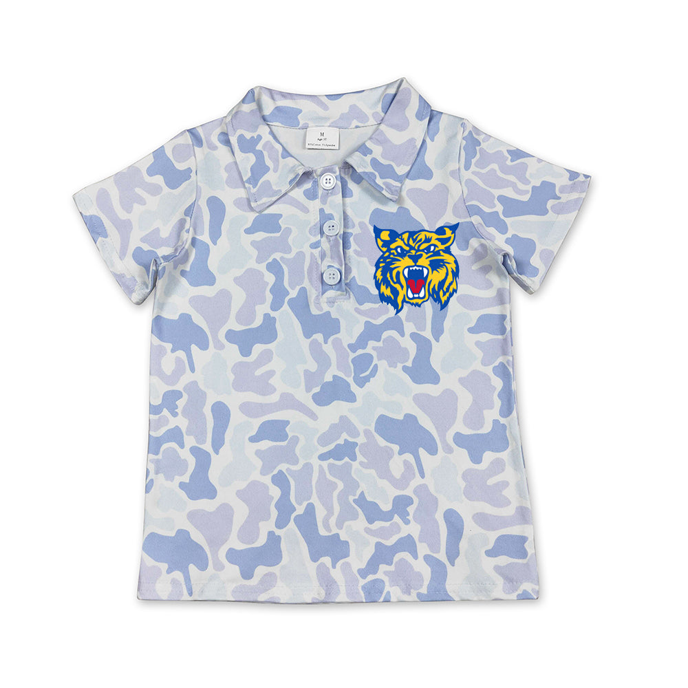 Preorder (moq 5)Baby Boys Light Blue Camo Bearkat Team Button Polo Shirt Top