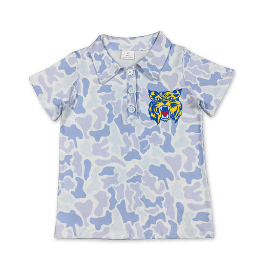 Preorder (moq 5)Baby Boys Light Blue Camo Bearkat Team Button Polo Shirt Top