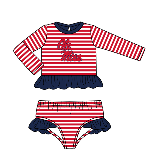 Preorder (moq 5)Baby Girls Red Stripe Ole Miss Ruffle Top Bummies Team 2 Piece Swimsuits