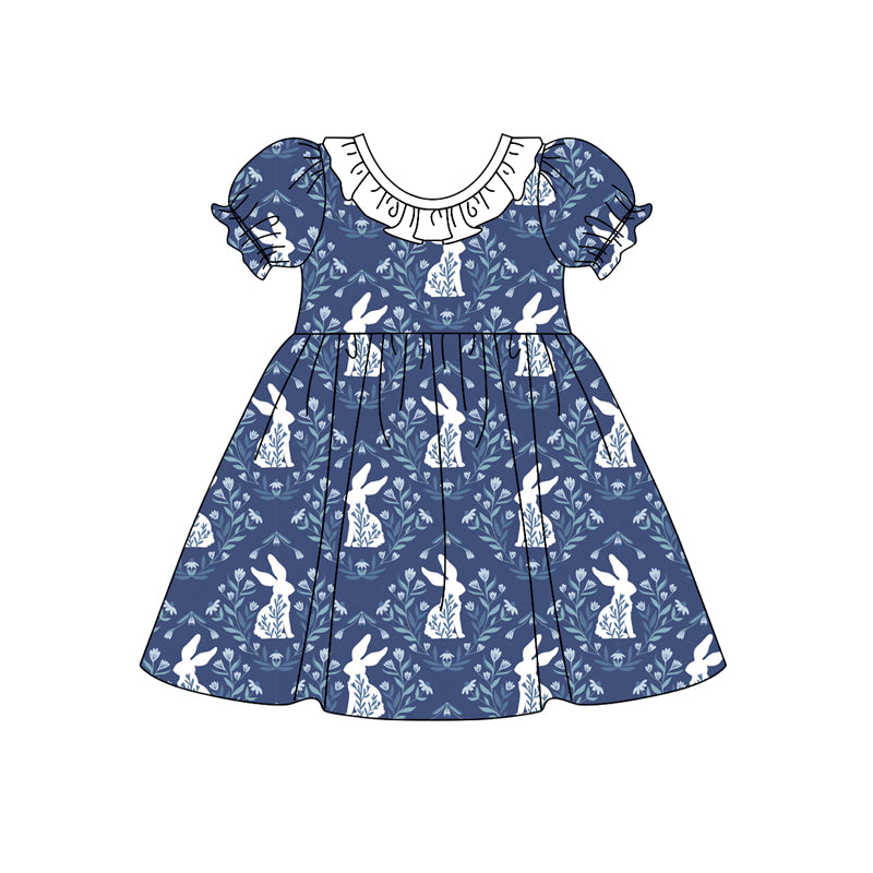 Baby Girls Navy Rabbits Ruffle Knee Length Dresses preorder(MOQ 5)