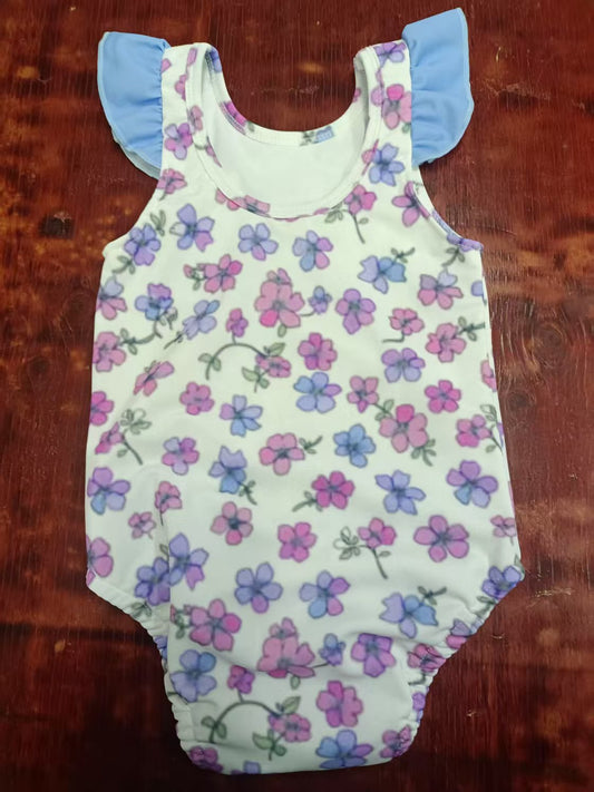 Preorder moq 5 Baby Girls Blue Flutter Sleeves Flowers One Piece Swimsuits