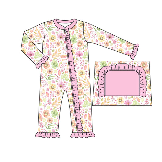 Baby Infant Girls Pink Flowers Ruffle Zip Rompers preorder(moq 5)