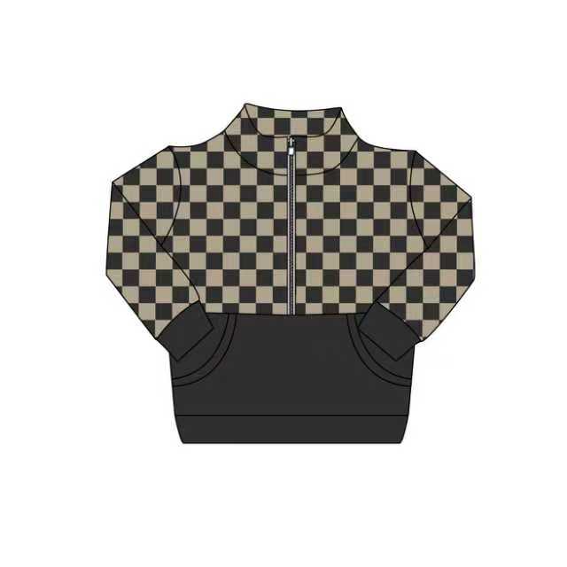 Preorder (moq 5)Baby Girls Black Checked Zipper Pockets Long Sleeves Pullovers Tops