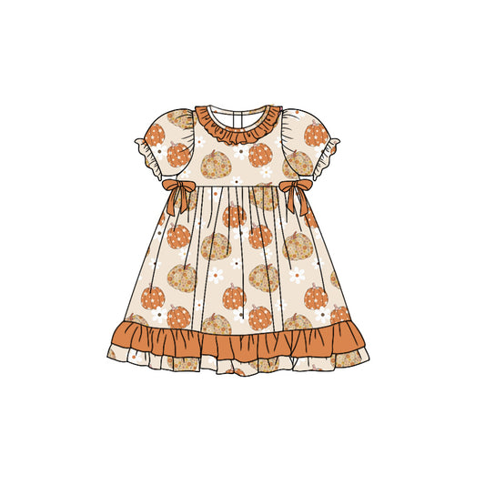 Baby Girls Orange Pumpkin Short Sleeve Knee Length Dresses Preorder(moq 5)