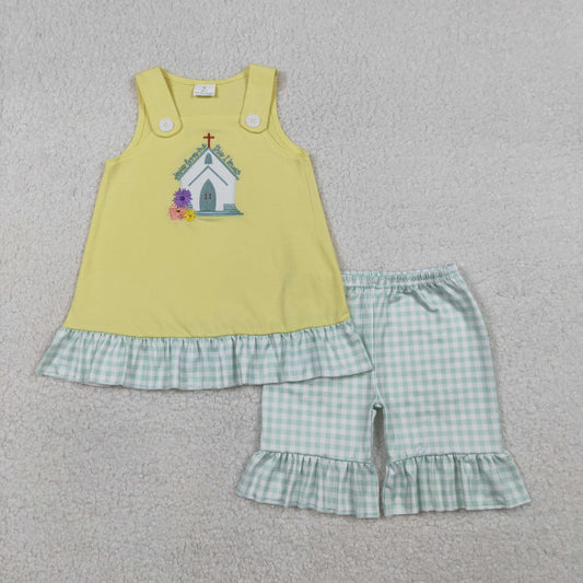 Embroidery Church Cross Baby Girls Tunic Checked Ruffle Shorts Clothes Sets