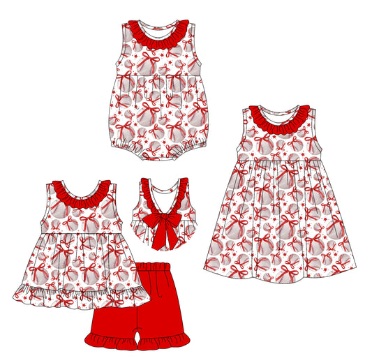 Preorder moq 5 Custom Baby Girls Sleeveless Red Bows Baseballs Tunic Ruffle Short Set Dress And Rompers