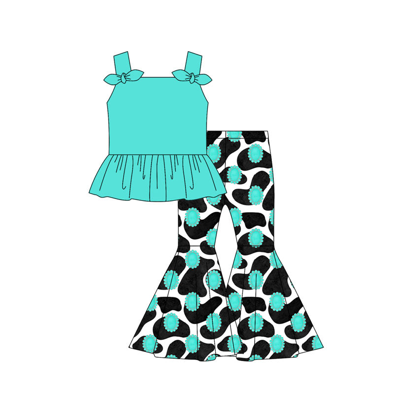Preorder moq 5 Baby Girls Aqua Strap Bows Tunic Cows Print Turquoise Bell Bottom Pants Set