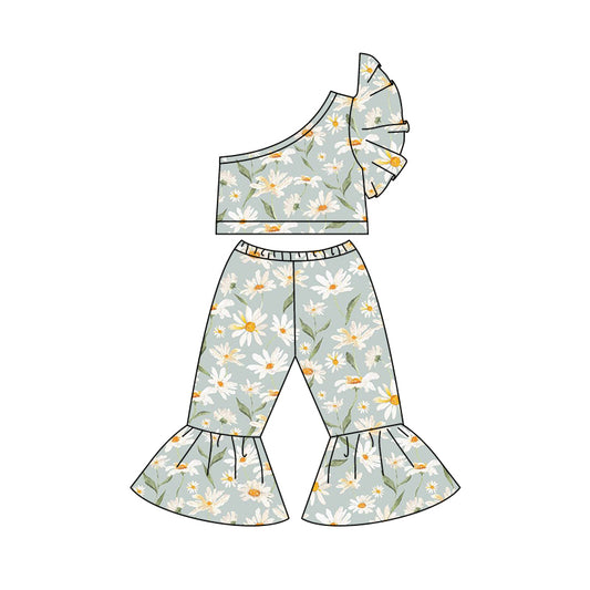 Baby Girls One Shoulder Green Flowers Top Bell Pants Clothes Sets preorder (moq 5)