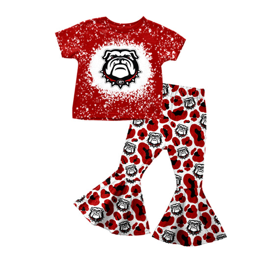Baby Girls Bull dog Team Shirt Red Leopard Bell Pants Clothing Sets Preorder(moq 5)