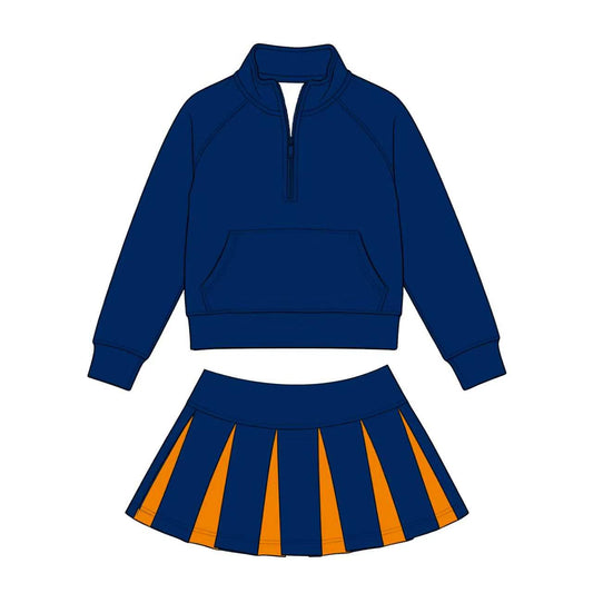Preorder (moq 5)Baby Girls Zip Pocket Pullovers Navy Orange Skirt Short Clothes Set