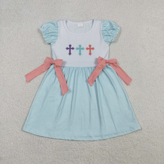 Embroidery Crosses Baby Girls Bows Easter Knee Length Dresses