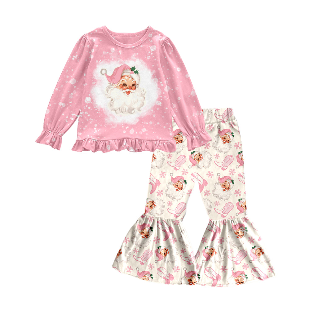 Baby Girls Pink Santa Christmas Shirt Bell Bots Pants Outfits Sets Preorder(moq 5)