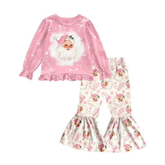 Baby Girls Pink Santa Christmas Shirt Bell Bots Pants Outfits Sets Preorder(moq 5)