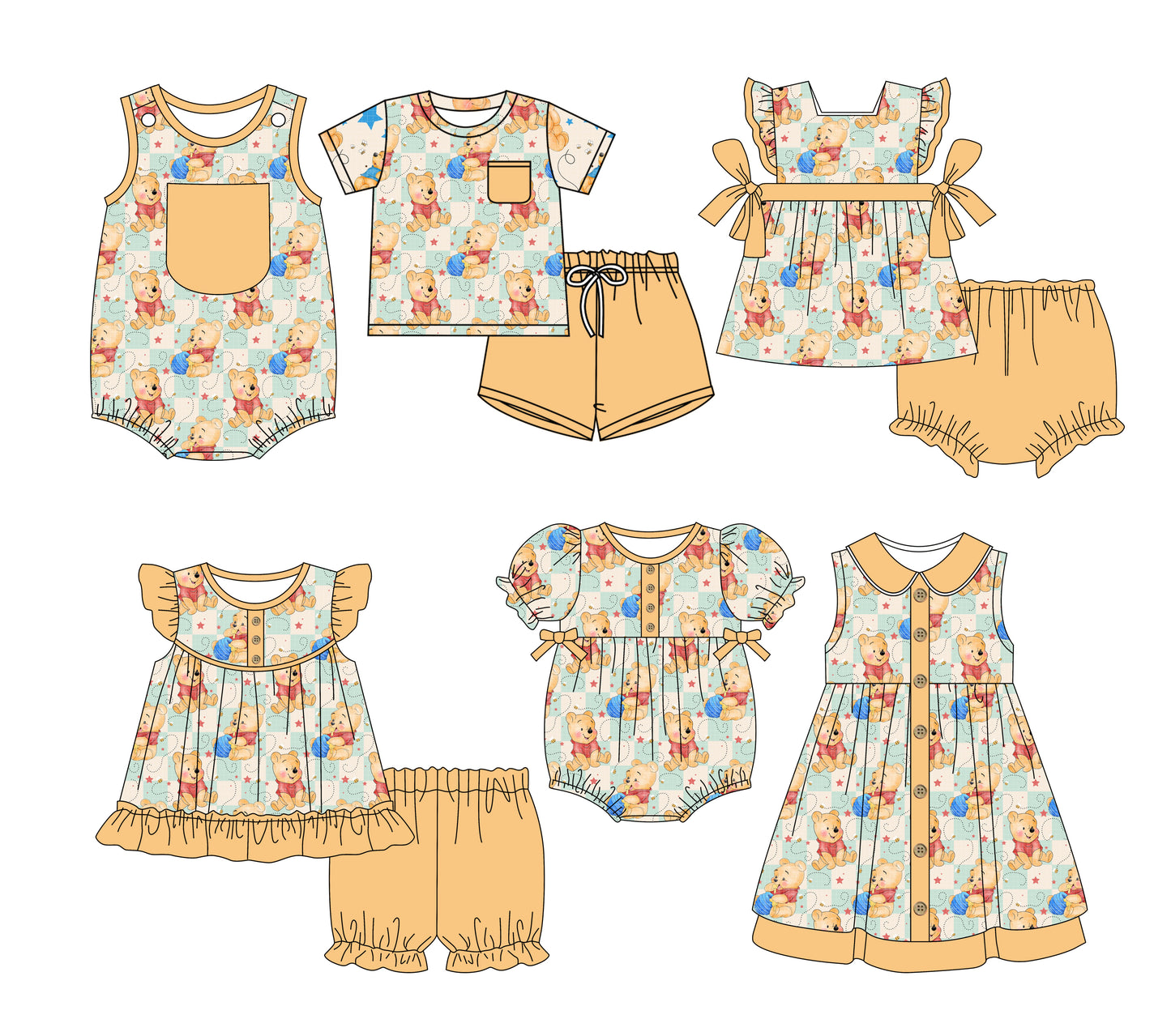 Preorder moq 5 Custom Baby Kids Khaki Plaid Pocket Button Bears Stars Top Short Bummies Sets Dresses And Rompers