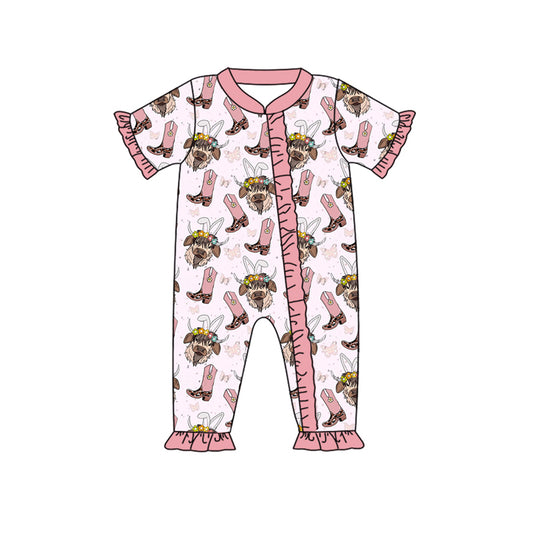 Baby Infant Girls Easter Western Cow Ruffle Zip Rompers preorder(moq 5)