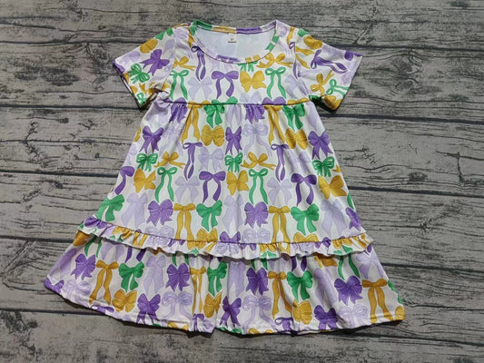 Preorder moq 5 Baby Girls Short Sleeves Colorful Bows Patchwork Knee Length Dresses