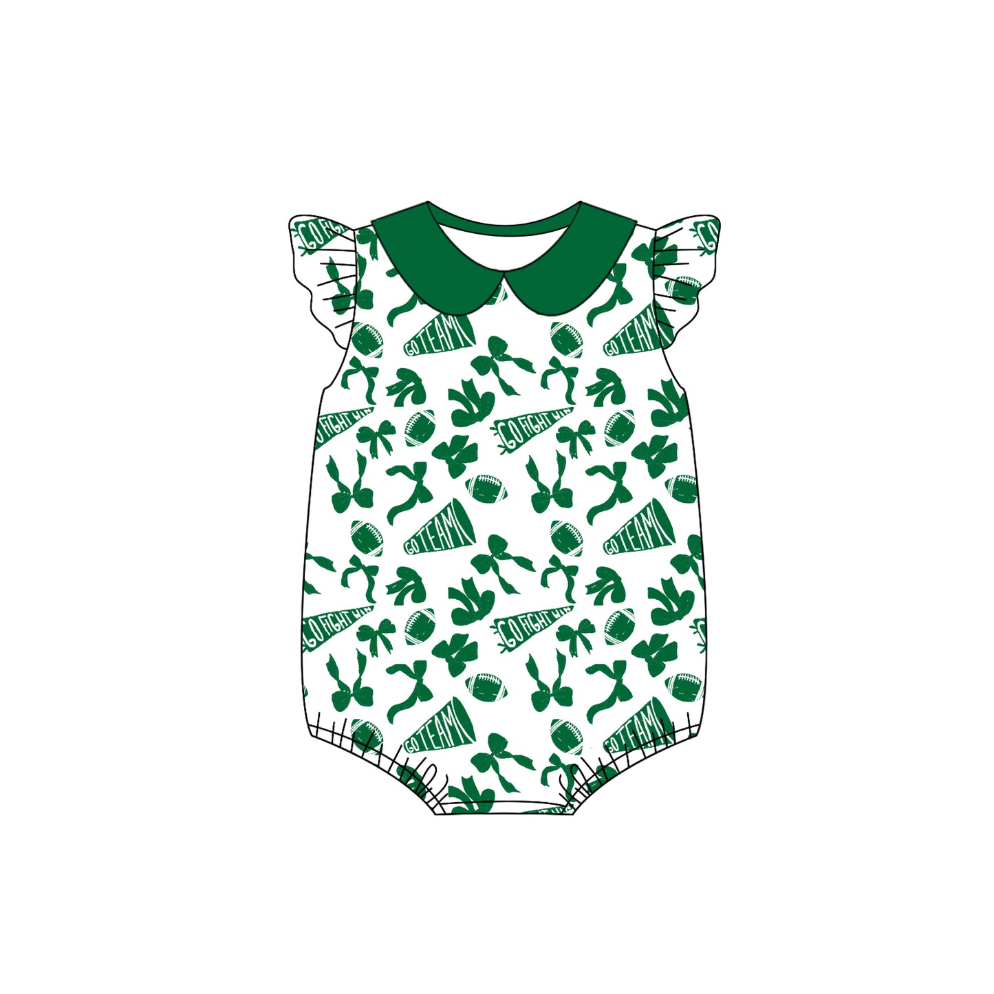 preorder(moq 5)Baby Infant Girls Green Team Bow Flutter Sleeve Rompers